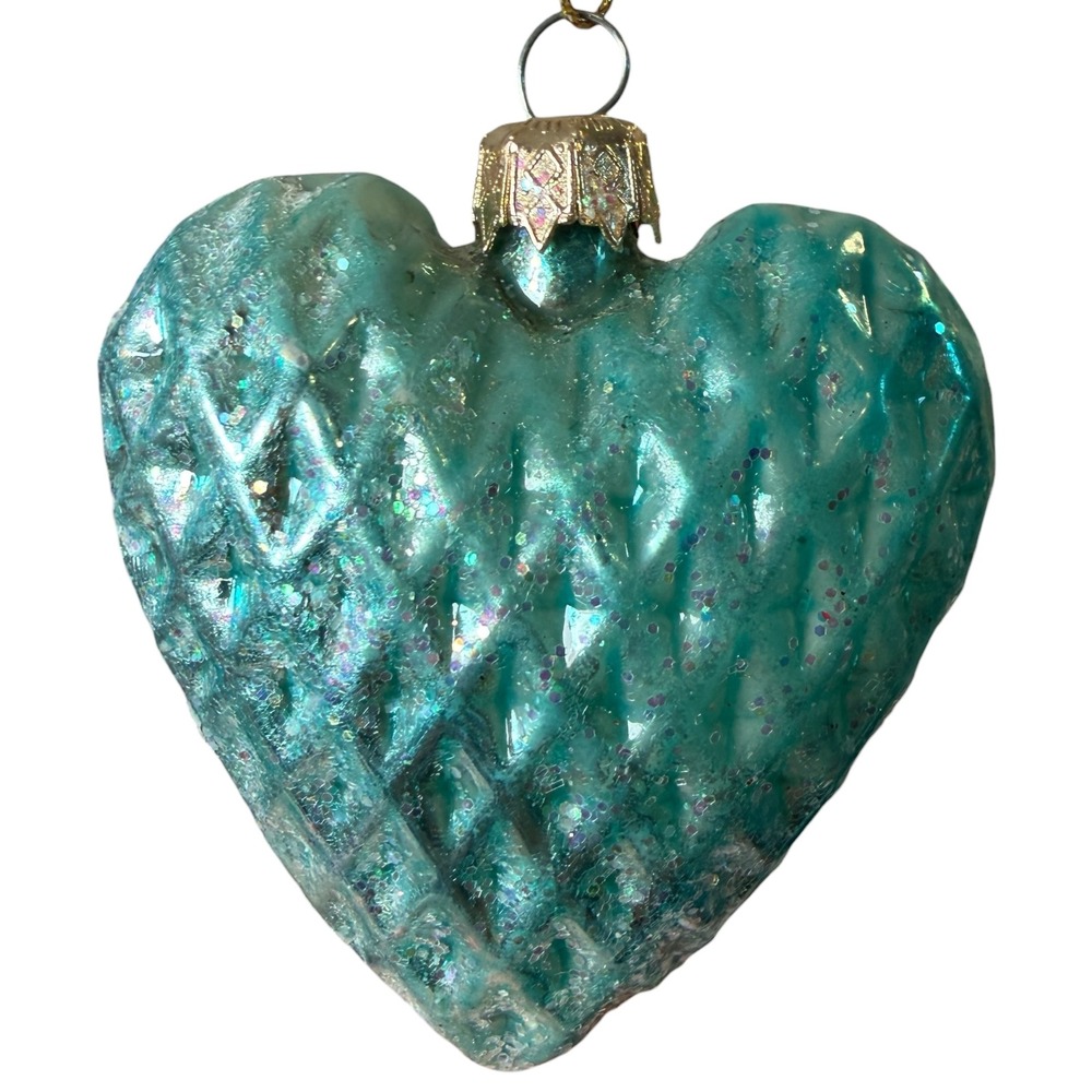 Vintage Style Teal Blue Glass Heart Ornament Quilted Glitter Mercury Glass 2.75"